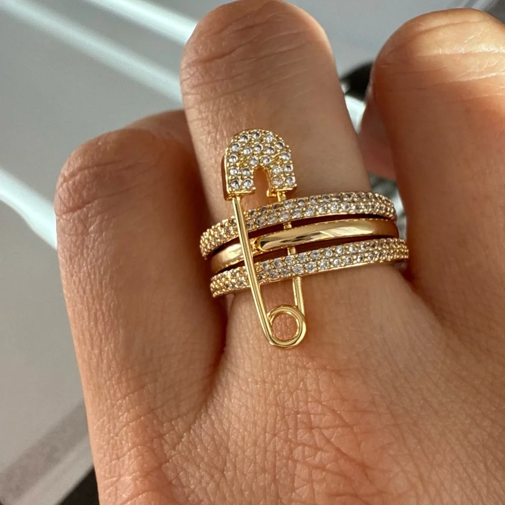 Nordstrom Gold Pavé Safety Pin Stackable Ring - Picture 1 of 7